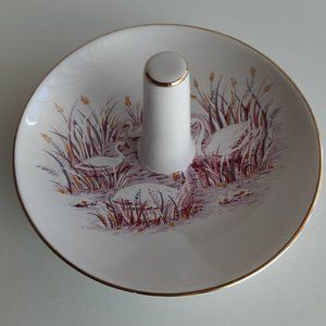 Swans Ring Dish Holder Gold Rim 3-3/4" Round